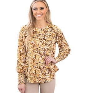 NWT Jodifl Camel Abstract Print Smocked Cuff Top Size L